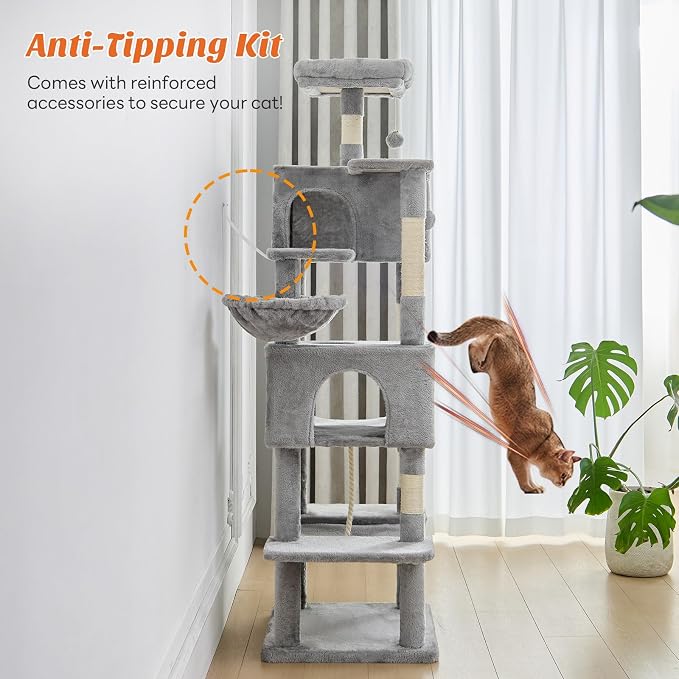 DUMOS Large 66 Inch Cat Tree Tower with Scratching Posts, Indoor Use | Tall Multi Level Cat Climbing Tower with Hammock, Pet Condo for Cats and Kittens Play, Light Gray