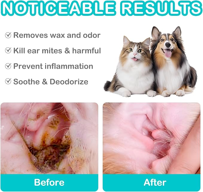 Dog Ear Drops, Dog Ear Cleaner Drops, Ear Infection Treatment for Dogs and Cats, Natural Herbal Ear Cleaning Solution for Dirty,Itchy,Smelly,Inflammed Pet Ears, 2 oz*2 with Dropper