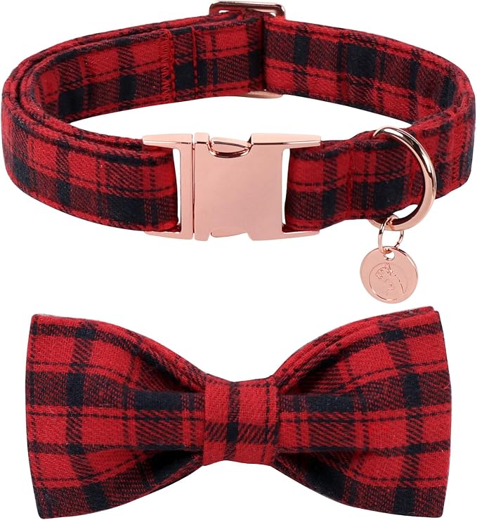 DOGWONG Christmas Dog Collar with Bow Tie, Red Plaid Dog Collar Durable Metal Buckle Adjustable Soft & Cute Red Gingham Dogs Collars for Small Medium Large Dogs, S