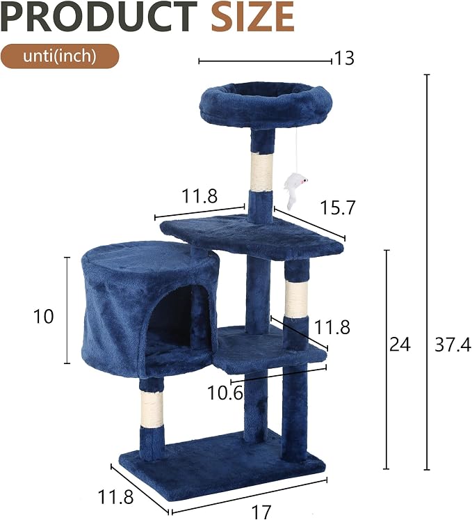FDW | 36" Cat Tree Tower | Navy Blue | Multi-Level Indoor Activity Center with Sisal Scratching Posts, Condos, Plush Perches, Hanging Cat Toys | Sturdy, Easy to Assemble | for Kittens & Adult Cats