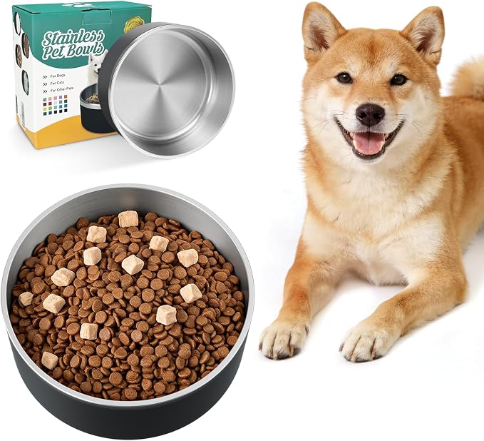 IKITCHEN Dog Bowl for Food and Water, 40 Oz Stainless Steel Pet Feeding Bowl, Durable Non-Skid Double Wall Insulated Heavy Duty with Rubber Bottom for Medium Large Sized Dogs (40 Ounces/5 Cup, Black)