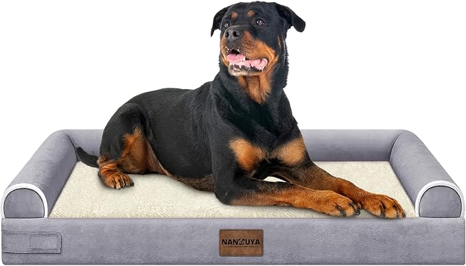 NANUYA Orthopedic Dog Bed for XX-Large Dogs, 44 x 34 Inch, Purple | Egg crate foam for joint support, 3-sided bolster pet sofa, waterproof lining, washable cover, and non-skid base