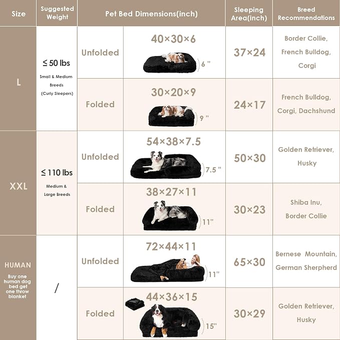 EHEYCIGA Foldable XXL Dog Bed for Large Sized Dog, 54"x38"x7.5" Faux Fur Fluffy Pet Couch Bed, Orthopedic Calming Memory Foam Big Pet Bed, Washable Pet Sofa Bed with Non-Slip Bottom, Black