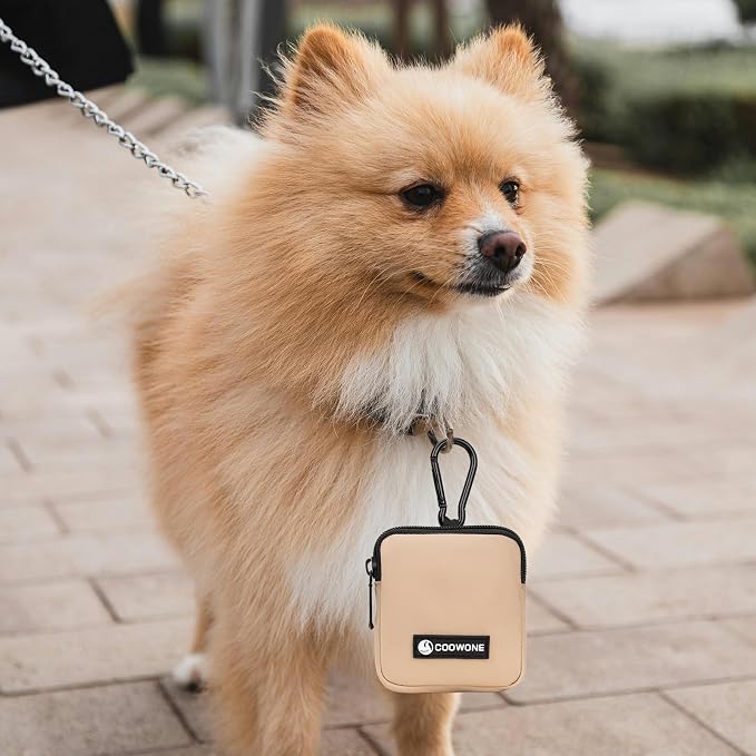 Dog Treat Pouch Pocket Sized Pet Puppy Training Pouch for Dog Training Behavior Aids, Waterproof Nylon Fabric Dog Poop Bag Holder, Hands Free Dog Walking Bag with Metal Carabiner (Coffee)