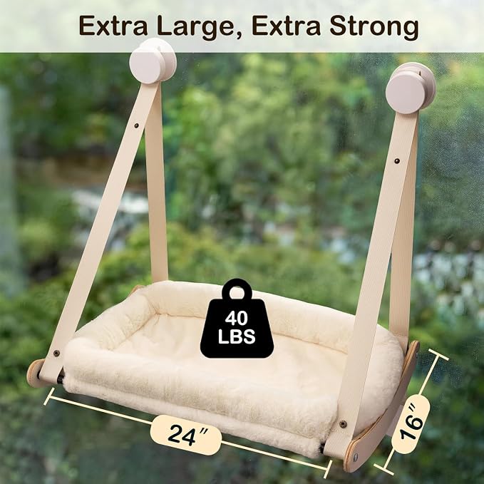 Cat Window Perch with 4 Strong Suction Cups | Cat Hammock for Window, Easy Assembly, Solid Wood Frame with Large Cats Bed, Supports Up to 40lbs for Indoor Cats