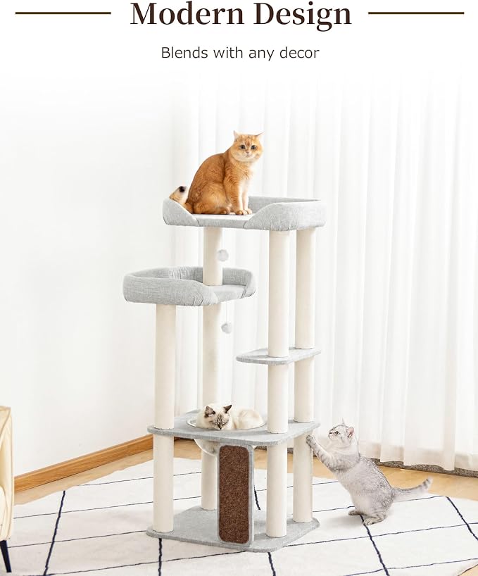 Cat Tree for Large Cat, Modern Senior Friendly Cat Tower with Wide Shelves Low Step, Cotton Scratching Posts, Super Sturdy Base, Cozy Perches, and Interactive Toys (Gray)