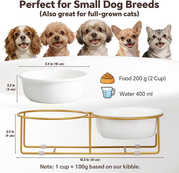 Elevated Dog Bowls for Food and Water - Double Ceramic Bowls with Metal Stand - Pet Feeding Set for Small Dogs and Cats - Each Holds 400ml / 2 Cups (Approx. 200g) - White