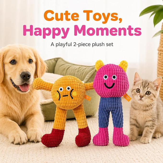waithem Cat&Dog Chew Toys with Catnip Inside, Ecofriendly Material Made, Crinkle Paper & Squeaky Ball Inside, Waffle and Baby Toy Combination Packaging, Cuddles Meow Chompclean, 2 Pack (Yellow&Pink)