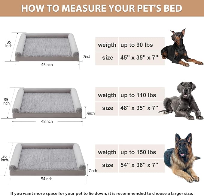 BFPETHOME Orthopedic Washable XXL Dog Bed for Senior Dog Cozy Sleep | Extra Large Waterproof Big Soft Pet Couch Bed for Dogs Relax with Removable Cover Supportive Foam Light Grey 48x35 Inch