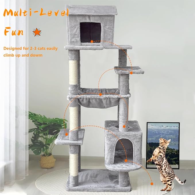 Tall Cat Tree 64 in, Multilevel Cat Tower for Adult Cats, Climbing Tree House and Towers with Condo Hammock Scratching Post Wide Base (Light Gray, 64 in)
