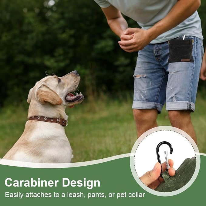 2Pcs Dog Treat Pouch, Dog Treat Pouches for Pet Training, Portable Auto Closing Dog Walking Bag with Carabiner for Puppy Travel or Outdoor Use Black Green