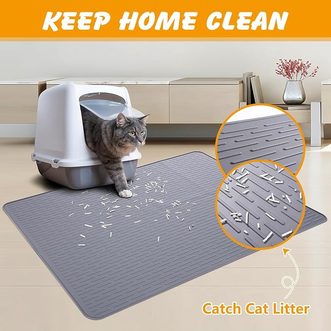 Silicone Cat Litter Mat 34 x 22 in, Waterproof Raised Edge, Gray | Quick-clean silicone, traps litter, stain and odor resistant, non-slip base, for litter box or feeding area