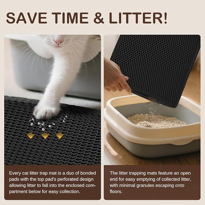 Cat Litter Mat, 29.9'' x 24''Inch, Double Layer Waterproof Proof Litter Box mat, Non-Slip Design, Reduces Litter Scatter, Easy to Clean, Black Cat Litter Trapping Mat