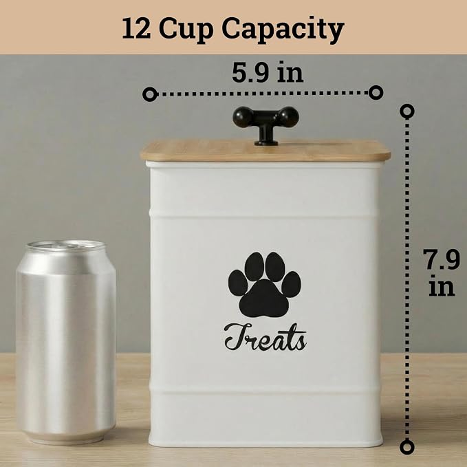Dog Treat Container Airtight - 6 Inch Wide x 8 Inch Tall Iron Dog Treat Jar for Kitchen Counter with Airtight Bamboo Lid - 12 Cup Capacity Pet Treat Container - Doggie Cookie Jar - Big Treats Canister