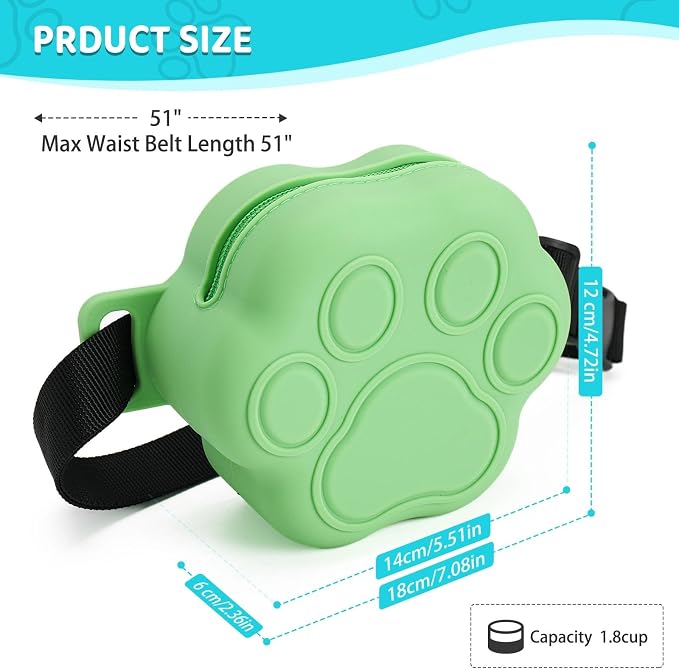 Dog Treat Pouch with Training Clicker and 2 Poop Bags, 1.8 Cup Small Sealable Zipper Silicone Fanny Pack with Waist Belt, Pet Puppy Training & Walking Essentials (Green)