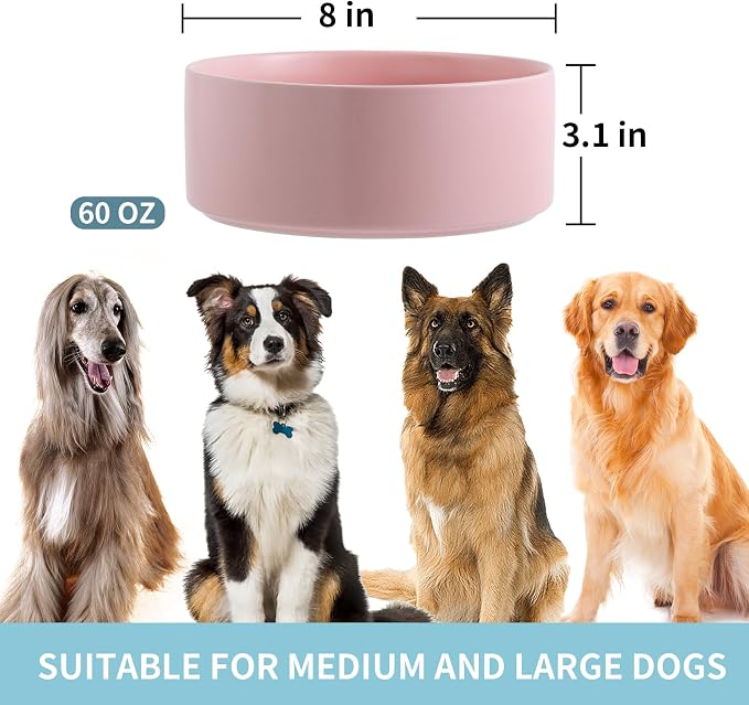 Pink Raised/Elevated Ceramic Dog Bowl for Medium Large Sized Breeds,Large Dog Food Water Bowl with Stand,8 in Non Slip Heavy Weighted 1800ml/ 7.6 Cups/60 OZ