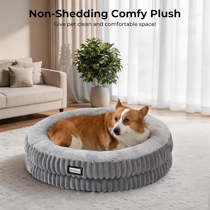 BALANCE Donut Dog Bed, 30 Inches Round Dog Bed Medium Size Dogs Washable, Orthopedic Calming Dogs Beds for Kitten, Fluffy Plush Faux Fur Pet Bed with Anti-Slip Bottom