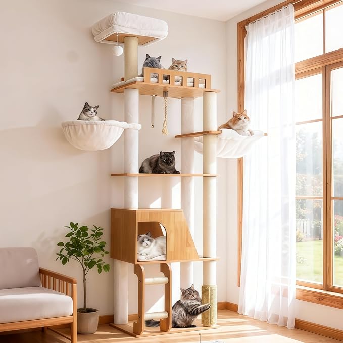 Hey-brother Wooden Cat Tree, Furniture Tower with Large Platforms, MPJ121WB | 69.7 inch, Modern Full Sisal Scratching Posts, Hammocks, Spacious Condo, Ladder, Brush, Water Proof Surface, Walnut