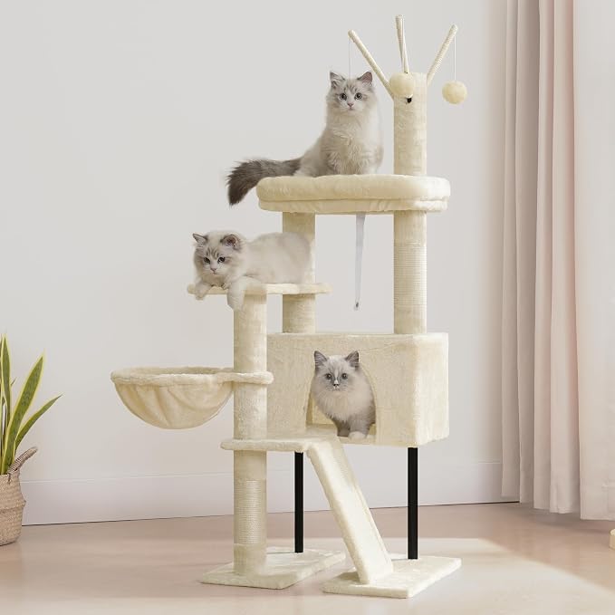 Cat Tree Tower for Indoor Cats, Top Platform with Toy, GCT006SM | 49.2 inch Cat Condo House, Sturdy Base, Scratching Post & Board, 3 Balls, Hanging Basket, Small Cats and Kittens, Beige