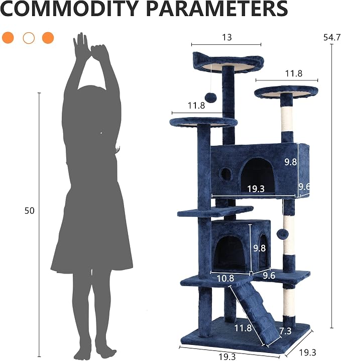 BestPet | 54" Cat Tree Tower | Navy Blue | Sturdy Multi-Level Cat Tree | with Plush Condo, Cozy Perch, Sisal Scratching Posts, Hanging Toy and Stable Frame | Easy Assembly | for Kittens & Adult Cats
