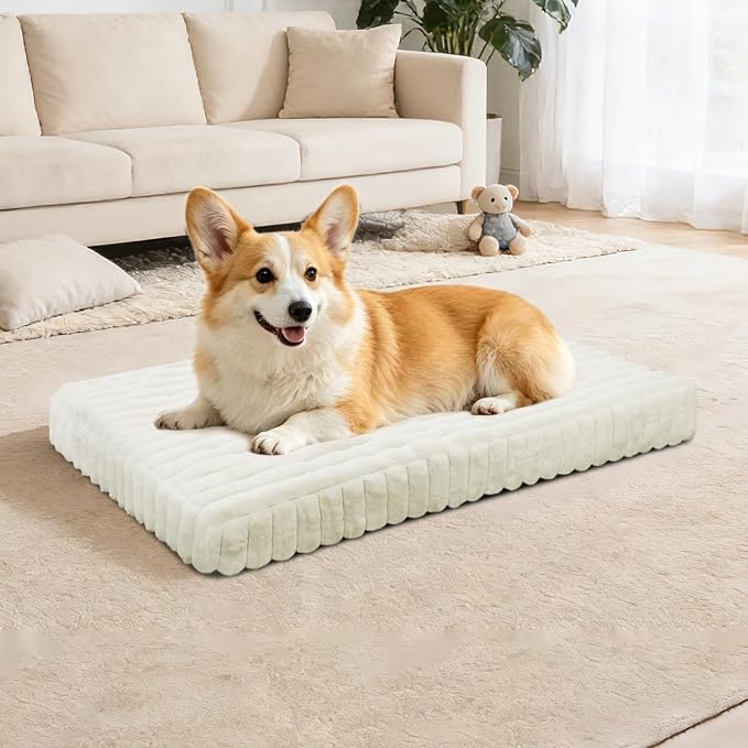 Dog Crate Bed Cream 34.6"x22.8" | Flat Dog Crate Bed Waterproof for Meduim Small Dogs Pet Beds with Plush Removable Washable Cover Anti Slip Bottom for Indoor