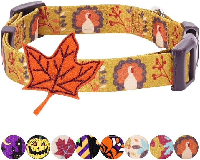 Blueberry Pet Thanksgiving Fall Festival Moonlit Turkey Designer Adjustable Dog Collar with Maple, Small, Neck 12"-16"