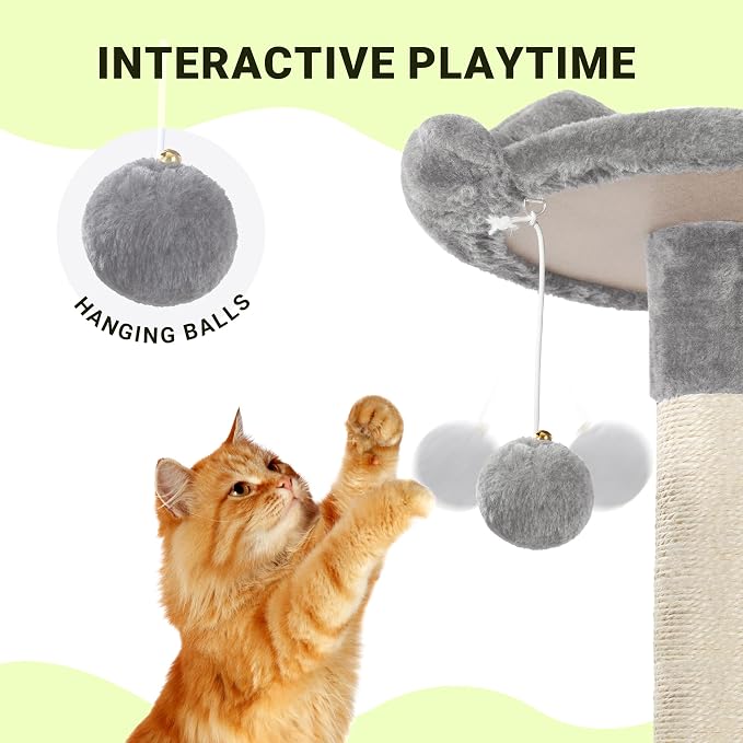 Allewie 64 Inches Multi-Level Cat Tree Tower for Indoor Cats, Grey | Activity Center for Big Felines, 2 Plush Condos, 2 Perches, Cozy Basket, House, Sisal Scratching Posts, Hanging Cat Toys