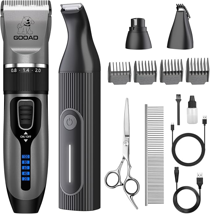 4 in 1 Dog Clippers Grooming Kit and Paw Trimmer for Thick Hair&Coats | 3-in-1 Clipper+Paw Trimmer+Nail Grinder, <60dB Quiet, Cordless,LED Display, 4 Guide Combs, Detachable Titanium-Ceramic Blade