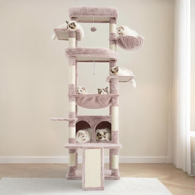 Heybly Tall Cat Tree for Large Cat, 80-inch Multi-Level Cat Tower HCT038MU | Condo Furniture for Indoor Cats with Large Baseboard, 2 Widened Plush Perches, Scratching Board, Big Caves, Rosy Brown