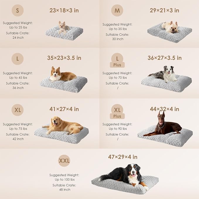 EHEYCIGA Washable Dog Bed for Crate 36x27 Inch, Anti-Slip L Plus Kennel Pad for Dogs Up to 55 lbs, Plush and Comfy Pet Sleeping Mat, Grey