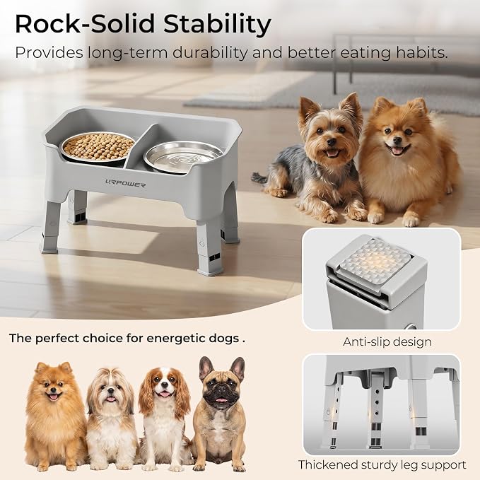 URPOWER Mess Proof Elevated Dog Bowls 4 Height Adjustable Raised Bowl Stand with 2 Stainless Steel Dog Bowls Non-Slip Food and Water Bowl Set for Small Dogs, Light Grey