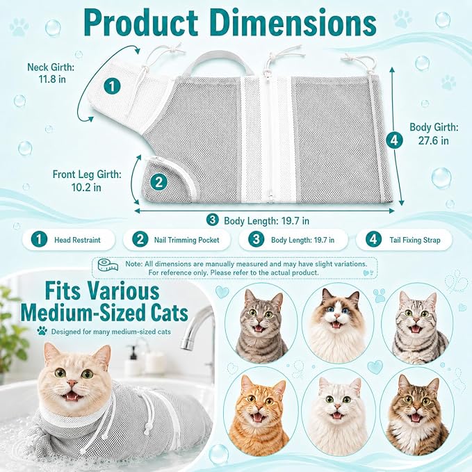 Cat Bathing Set with Pet Grooming Gloves for Cat Grooming, Upgraded Breathable Cat Bag for Bath with Openable Zipper and Reinforced Handle, Cat Washing Set with Nail Clipper File (Gray)
