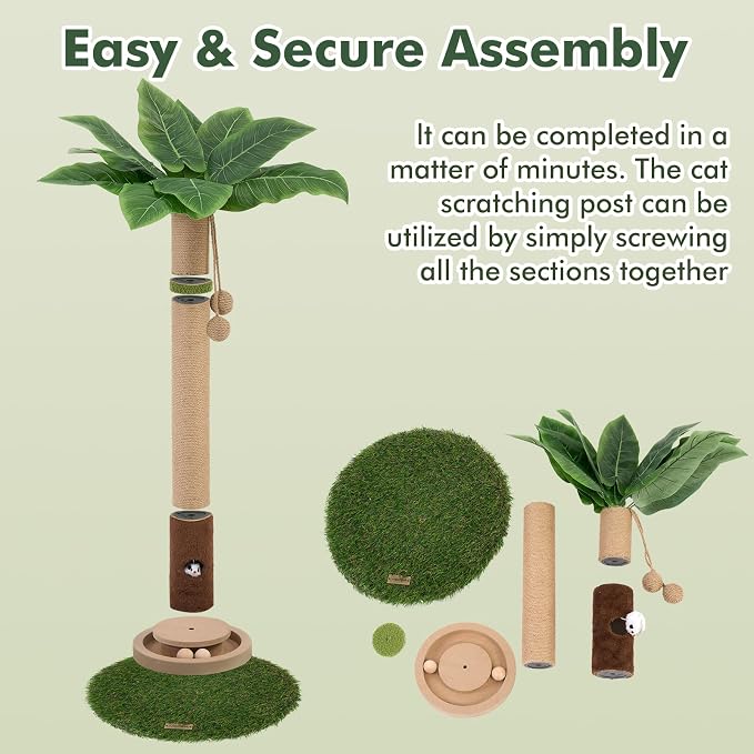 35" Tall Cat Scratching Post, Sisal Cat Scratcher Tree with Leaves,Interactive Cat Toys for Inddor Cats and Kitten