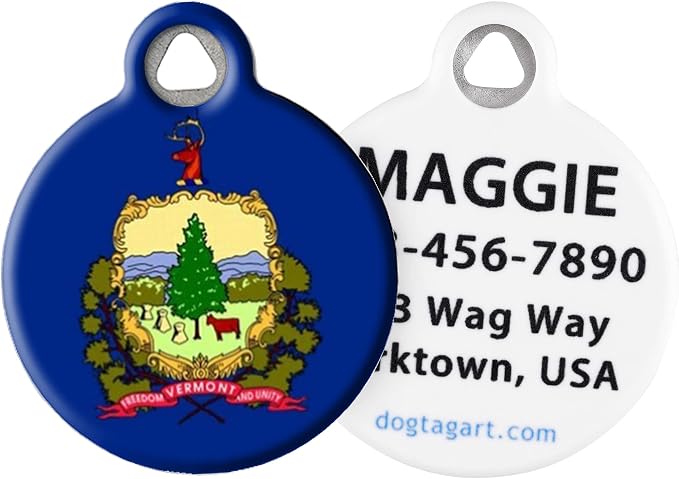 Vermont Flag Personalized Pet ID Tag for Dogs and Cats, Silent Polymer Coated Stainless Steel Vermonter Flag Nametag with Customized Identification Information - Large 1.25" Diameter