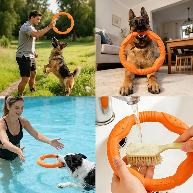 LaRoo Dog Chew Ring Toy for Small Dogs, Durable EVA Floating Puppy Teething Chew Toy, Interactive Tug of War Fetch Toy for Dental Cleaning & Outdoor Play (Orange)