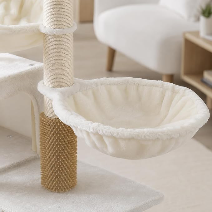 Smouatou Cat Tree with Cat Condo and Two Hammocks, Cat Tower with Scratching Posts and Scratching Pads Cat Toys, Beige