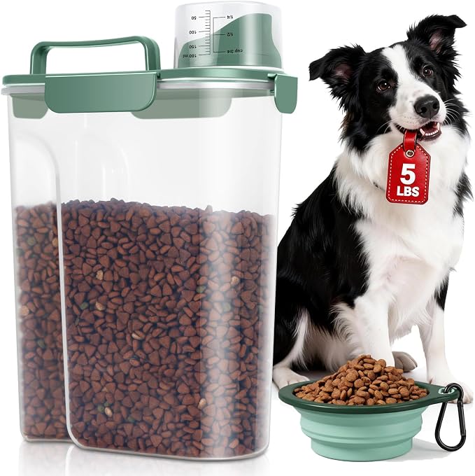 TBMax 5 Lbs Travel Dog Food Storage Container with Collapsible Dog Bowl, Airtight Pet Food Storage Dispenser with Large Spout & Measuring Cup for Kibble Dog Treat Bird Seed Container -Dark Green