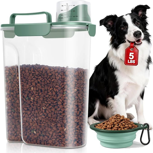 TBMax 5 Lbs Travel Dog Food Storage Container with Collapsible Dog Bowl, Airtight Pet Food Storage Dispenser with Large Spout & Measuring Cup for Kibble Dog Treat Bird Seed Container -Dark Green