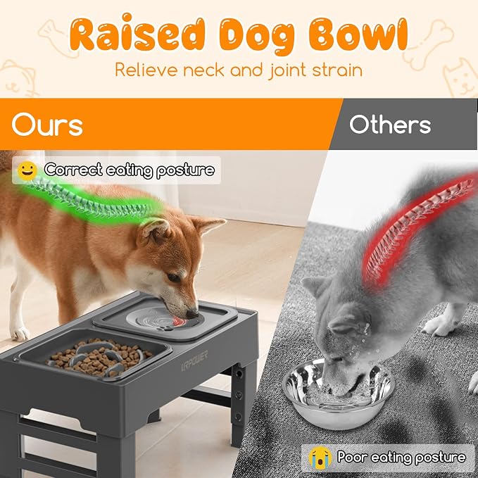 URPOWER 2-in-1 Elevated Slow Feeder Dog Bowls with No-Spill Water Bowl | 4 Height-Adjustable Raised Dog Bowls, Non-Slip Food and Water Bowls with Stand for Small, Medium, Large Dogs, Cats and Pets