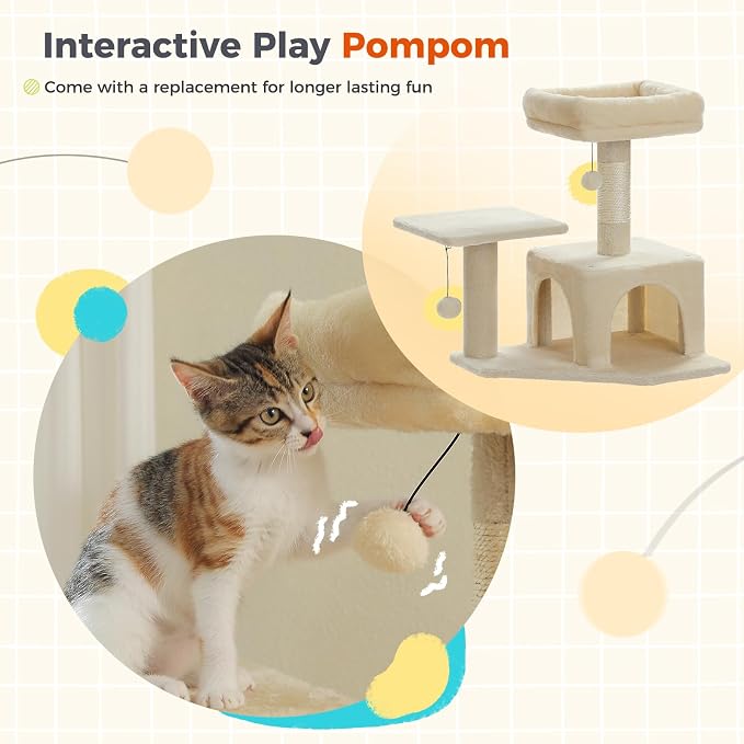 PEQULTI 56.3'' Cat Tree for Indoor Cats, Multi-Level Cat Tower with 2 Top Perch, Cat Condo, Hammock and Sisal-Covered Scratching Post, Beige