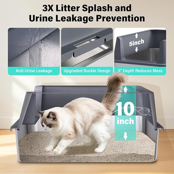 Stainless Steel Litter Box, XL Metal Litter Box with High Sides Lid, Extra Large Cat Litter Boxes for Big Cats, Anti-Urine Leakage, Never Absorbs Odors, Easy Cleaning, Non-Stick, Include Scoop and Mat