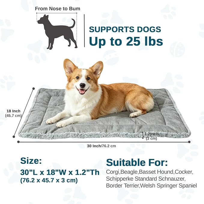 Reversible Dog Crate Mat for Medium Dogs,Oxford & Plush, 29"x18",Light Gray | 1.2" Fill Preserves Crate Height,Fleece Cozy,Wipes Clean,Splash-Proof,Machine Washable, Folds Flat For 30" Wire Crate & Go