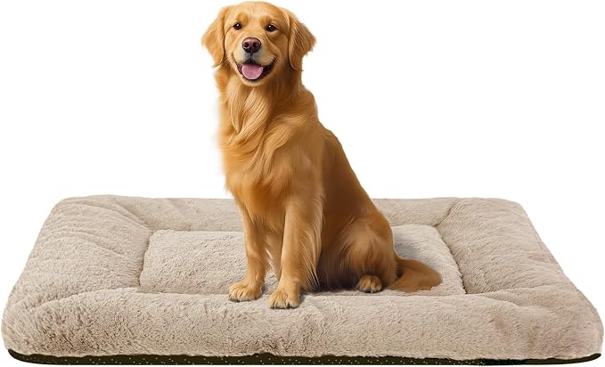 Washable Dog Crate Bed Mat for Medium/Large Dogs – All-Season Comfort with Ultra-Soft Flannel & Heavy-Duty Support (Cream, 42''L*28''W)