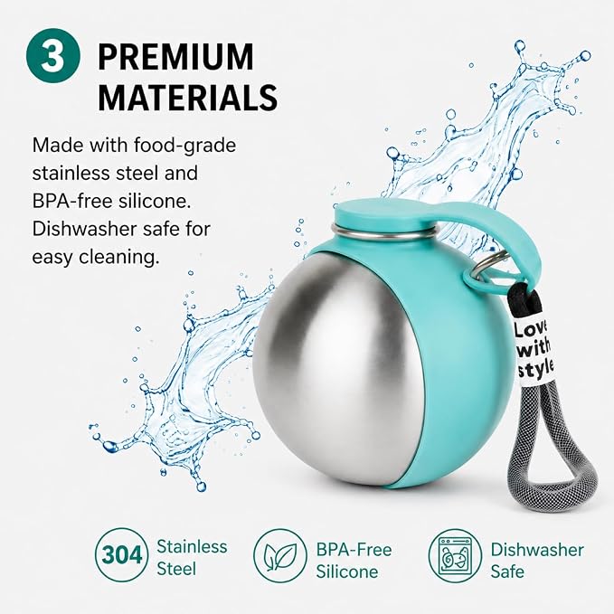 Portable Dog Water Bottle 10oz Stainless Steel Travel Dog Water Dispenser with Bowl No-Spill Puppy Water Bottle for Walking Hiking Small Dog Water Bottles Leak-Proof Collapsible Silicone Bowl