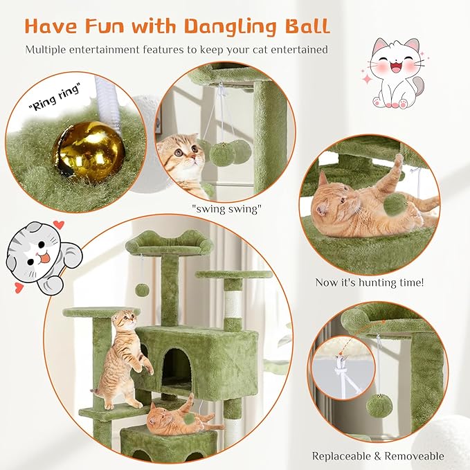 DUMOS 54 Inch Cat Tree Tower with Scratching Posts, Indoor Use | Multi-Level Pet House for Large Cats with 2 Condos, Round Platform, Small Ladder and Toys, Green