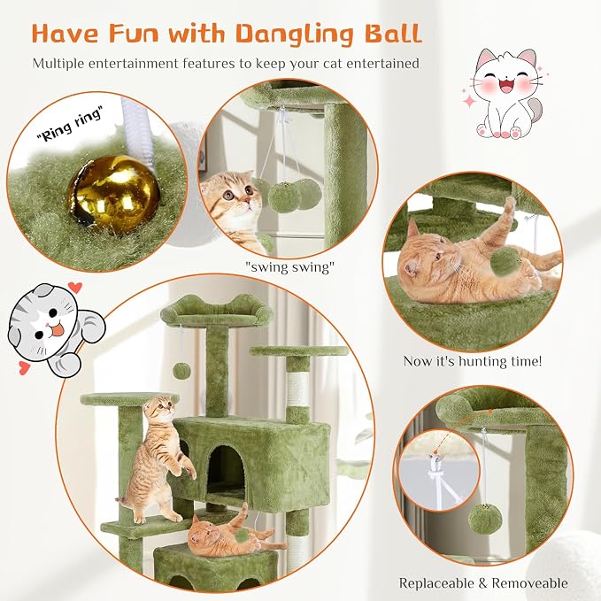 54 Inch Cat Tree Tower with Natural Sisal Scratching Post | Multi-Level Cat Climbing Tower with Hammock, Pet Condo for Indoor Cats and Kittens, Green