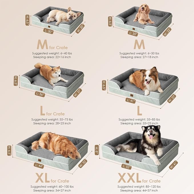 EHEYCIGA Orthopedic Dog Beds Large Sized Dog, Waterproof Washable Pet Bed | Non-Slip Bottom and Egg-Crate Memory Foam XL Dog Couch Bed with Washable Removable Cover, Greyish Green