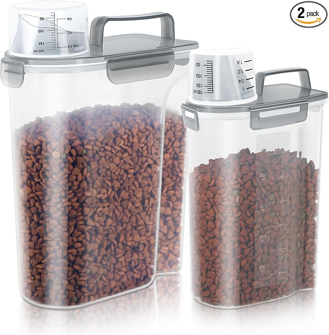 LEAWALK 3+5LBS 2Pack Cat Dog Food Storage Container Upgraded Large Nozzle BPA-free, Plastic Pet Food Containers, With 4 Sealed Clasps/1 Measuring Cup/Handle Easy Clean and Carry (Clear Grey)