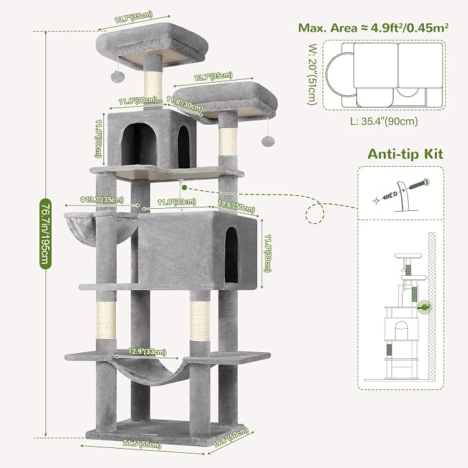 Globlazer Extra Tall Cat Tree Tower for Indoor Cats, 76in, F76, Light Grey | Multi-Level Cat Furniture with Cozy Condos,Hammock and Perches for Large Adult Cats, Perfect for Climbing, Scratching