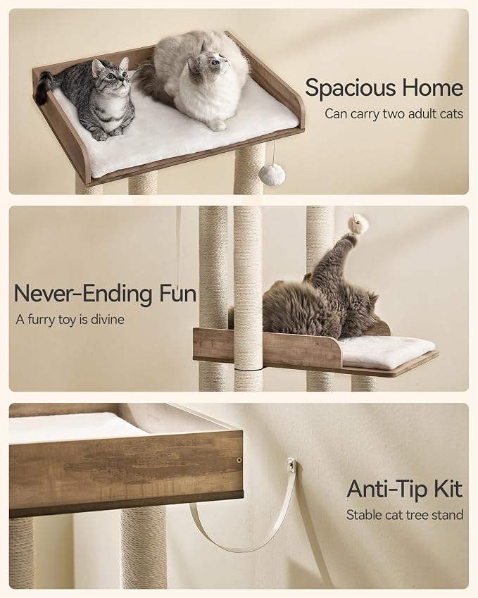 43.7" Cat Tree, Modern Cat Tree Tower, Cat Tower for Indoor Cats Large Adult, Cat Condo with Scratching Post, Large Perch and Removable Pads, Greige